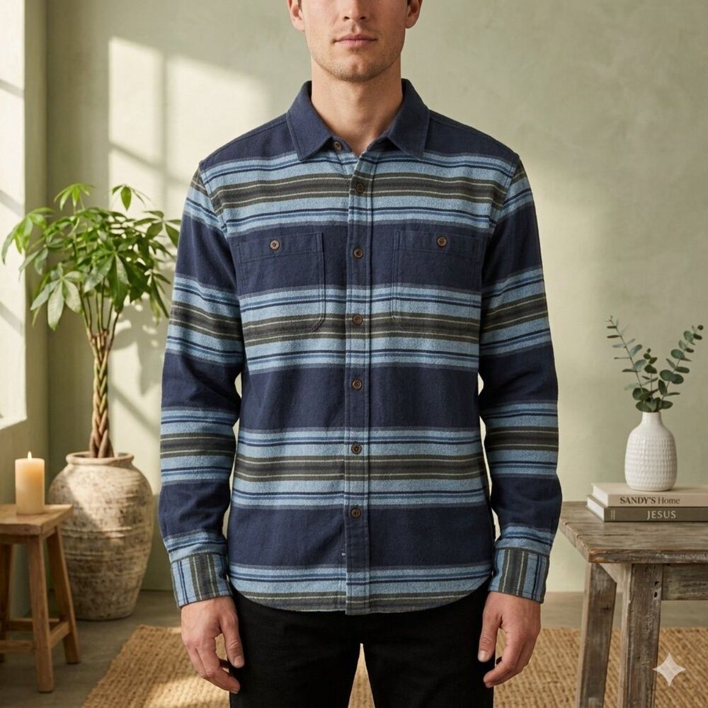 Katin Flannel Shirt Mens S Blue Striped Button Up Long Sleeve Preppy Casual